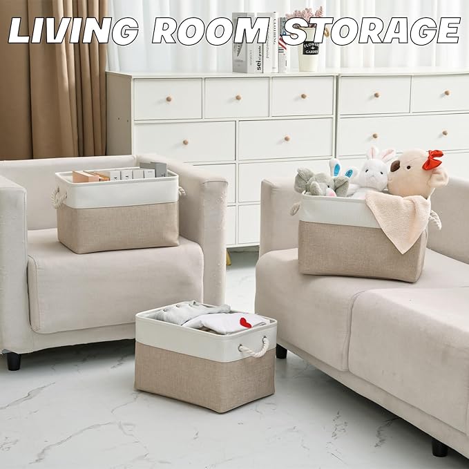 Storage Bins 3 Pack, Fabric Storage Basket for Collapsible Medium Canvas Storage Baskets for Organizing Shelf Nursery Home Closet with Cotton Rope Handle 15(L) x 11(W) x 9.5(H) inch(White&Khaki-3PCS)