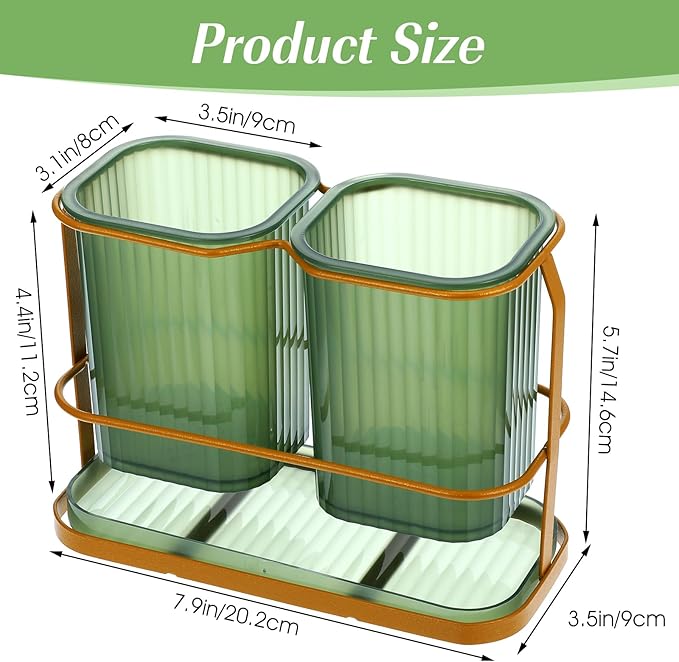 Green Toothbrush Holders for Bathrooms, 2 Cups Toothbrush Holders for Bathrooms Countertop Organizer, Dry & Wet Separation, Bathroom Organizers and Storage, Bathroom Toothbrush Holder Set for Family