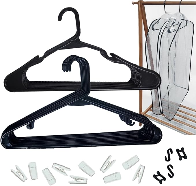 Plastic Hangers 20 Pack, Pants Hangers with Clips, Durable Non-Slip Space-Saving for Single Person Needs with 10 Clips+4 connectors+1cover(3, Black)