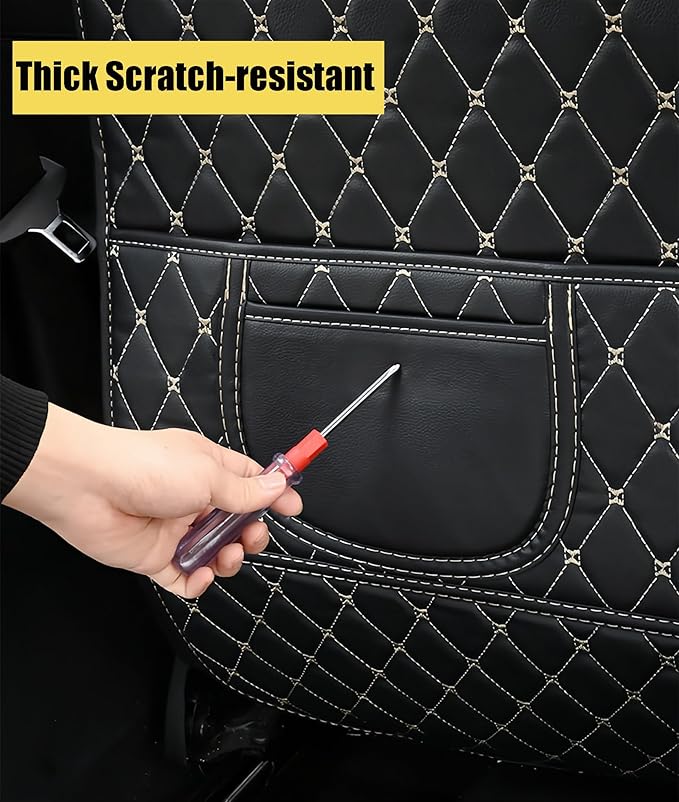 Leatherette Car Seat Protector - 2 Pack Large Car Kick Mats with Storage Pockets Organizer Seat Back Cover Against Dirty Shoes & Scratches, Universal Fit for Most Vehicles, Black with Beige Line