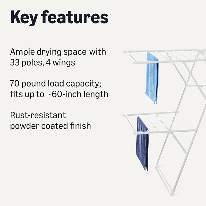Amazon Basics Foldable 4-Wing Metal Clothes Drying Rack, 61x23.6x49.6 inches, White