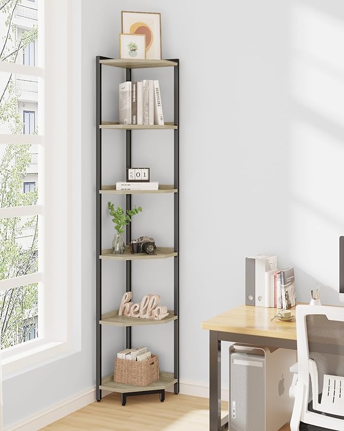Corner Shelf Stand, Corner Bookshelf, Storage Standing Shelf Unit with Metal Frame, Plant Stand, Bookcase for Living Room, Home Office, Bedroom, 6-Tier Greige CS06005B