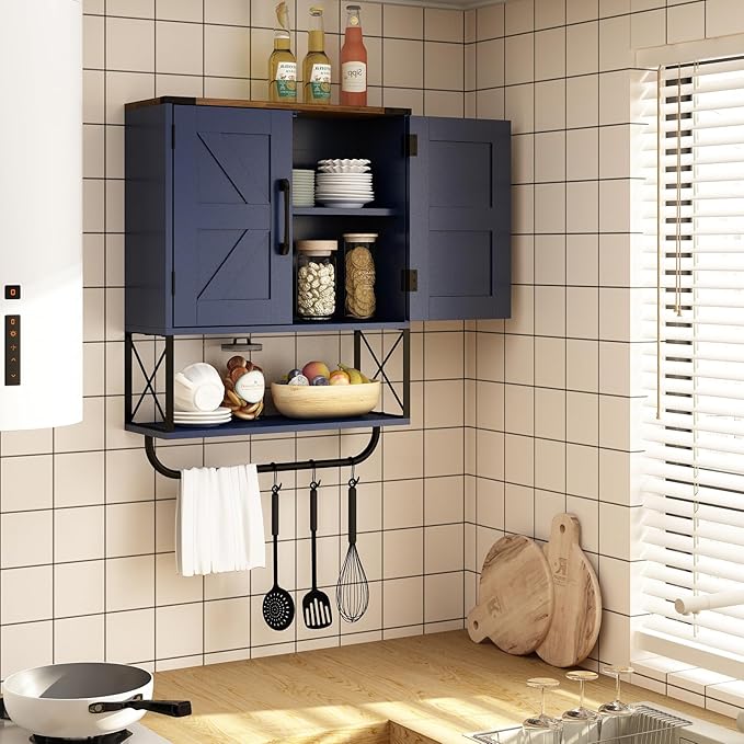RUSTOWN Farmhouse Medicine Cabinet with 2 Barn Door, Boho Wood Wall Mounted Storage Cabinet with Adjustable Shelf and Towel Bar, 3-Tier Bathroom Cabinet for Bathroom (Navy Blue and Walnut)