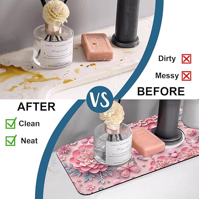 Pink Floral Sink Faucet Absorbing Mat Flower Butterfly Super Absorbent Fast Drying Mat Sink Gadgets Behind Faucet Sinkmat for Kitchen Bathroom, 15.5"x5.5"