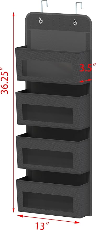 Simple Houseware 4 Clear Window Pocket Over Closet Door Storage Hanging Organizer for Bedroom, Bathroom, Pantry, Dark Grey