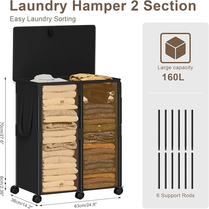 Chrislley 160L Large Double Laundry Hamper with Lid and 6 Wheels, Rolling Laundry Basket with 2 Removable Bags, Heavy Duty Metal Frame Laundry Cart, Dirty Clothes Hamper for Bathroom, Bedroom (Black)