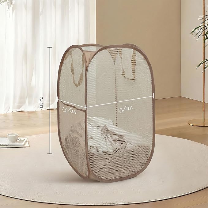 The upgraded pop-up laundry basket features a breathable side pocket mesh design, making it ideal for rooms, apartments, dormitories, travel, business trips, and children's storage (1,light brown)