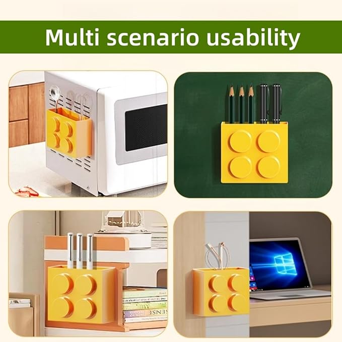 Magnetic Basket Organizer for Fridge - Lego-Style ABS Plastic Storage Box,No Drill Design for Kitchen Counter, Microwave & Whiteboard, Holds Up to 3.5 lbs (Yellow)