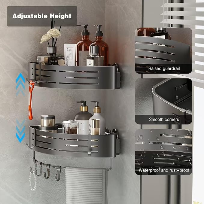 Voldra Corner Shower Caddy Suction Cup, 2 Pack Corner Shower Shelves No Drilling, Aluminum Upgrade Suction Cup Shower Organizer with Towel Bar & Hooks Removable Bathroom Storage Rack(Gray)