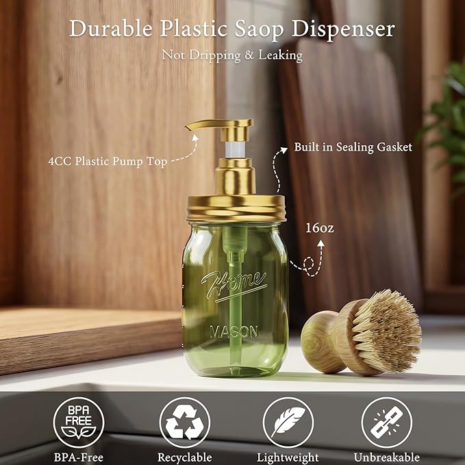 Amolliar Plastic Mason Jar Soap Dispenser with Pump Lid,16OZ Refillable Hand Soap Dispenser Set with Cute Lables - Farmhouse Decor for Kitchen Bathroom, Liquid Soap, Dish Soap, Lotion (2 Pack, Green)