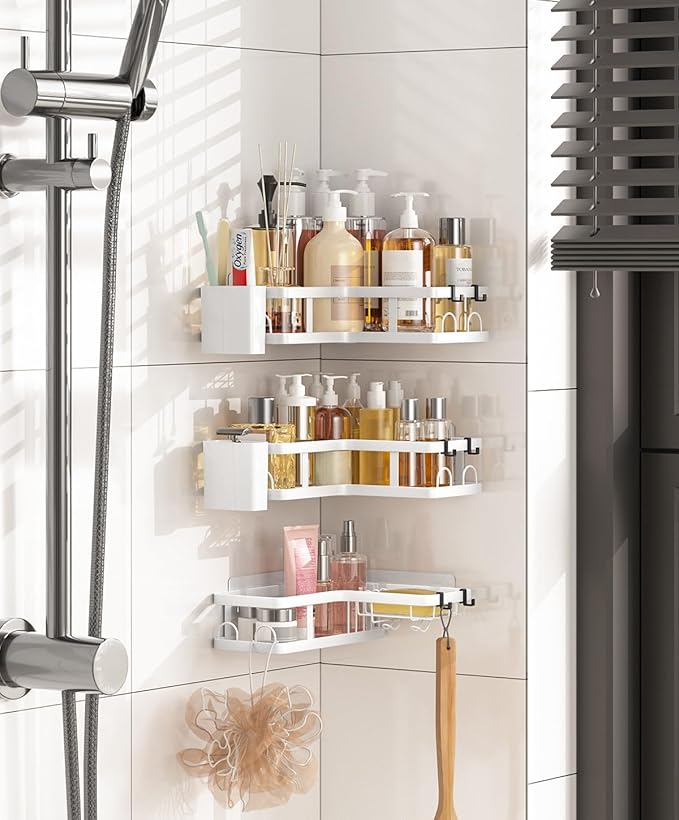 3 Pack Corner Shower Caddy Organizer, Rustproof Corner Shower Shelves, No Drilling Bathroom Corner Shelf with Hooks and Toothpaste Holder