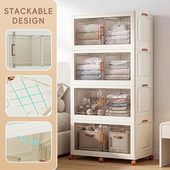 JEKO&JEKO 608Qt Large Foldable Storage Bins with Lids, Stackable Plastic Containers with Dividers & Wheels for Home, Garage & Office, 3-Pack, Cream