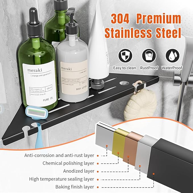 HBXS Shower Corner Shelf Organizer Rack with Hooks & Razor Hole, No Drilling Tile Shower Shelves, Rustproof Stainless Steel Bathroom Shelves Basket, Modern Corner Shelf for Bathroom, 2Pack-Black