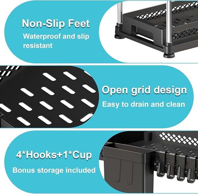 Under Kitchen Sink Organizer, 2-tier Under Sink Organizers and Storage for Kitchen & Bathroom, Multi-Purpose Pull Out Under Cabinet Organizer with Hooks Hanging Cup (Black, 2 Pack)
