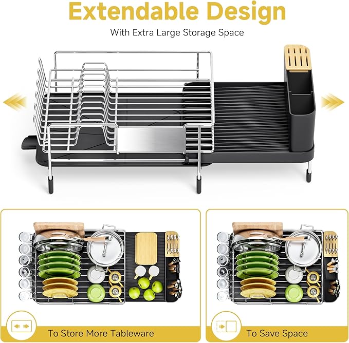 Large Dish Drying Rack - 304 Stainless Steel Dish Rack for Kitchen Counter, Extendable Dish Drainers with Cutlery & Cup Holders, Black
