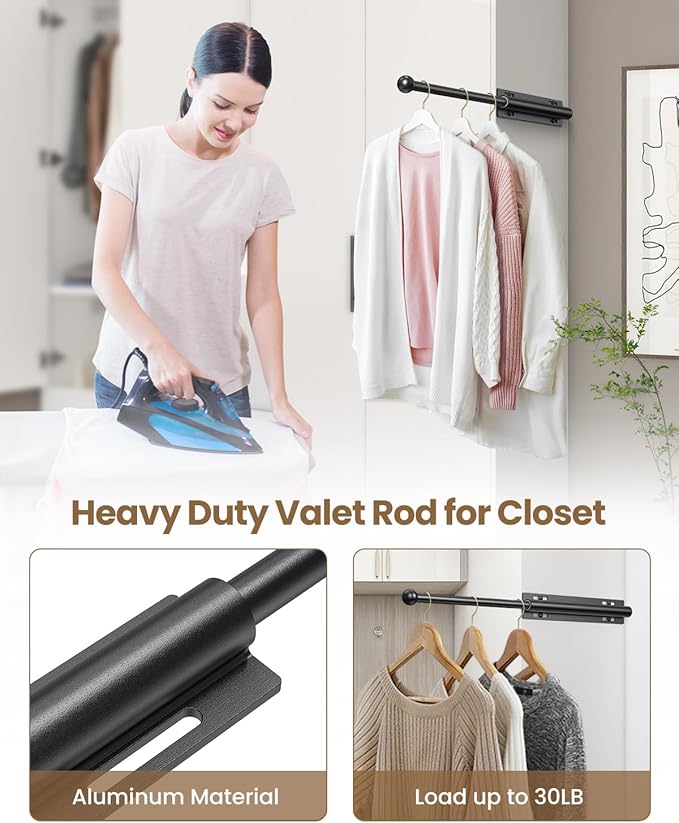 Valet Rod for Closet Pull Out, Retractable Slide Out Valet Rod Closet Organization, 12" Aluminum Valet Clothing Hanger Rods Perfect for Suits, Freshly Pressed Clothes, Black