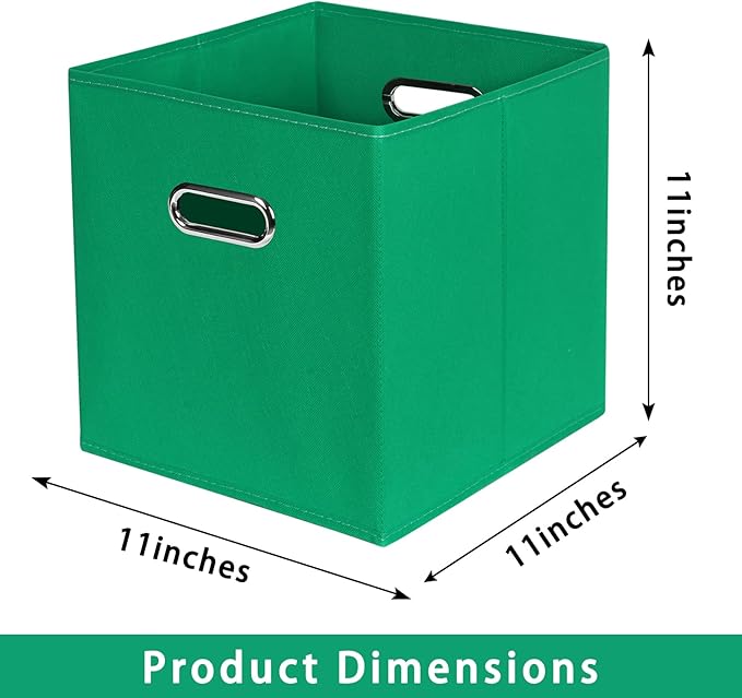Green Foldable Storage Bins, 11x11x11, Set of 3, (Fabric Cube Organizer with Handle, for Cloth or Accessory Storage)