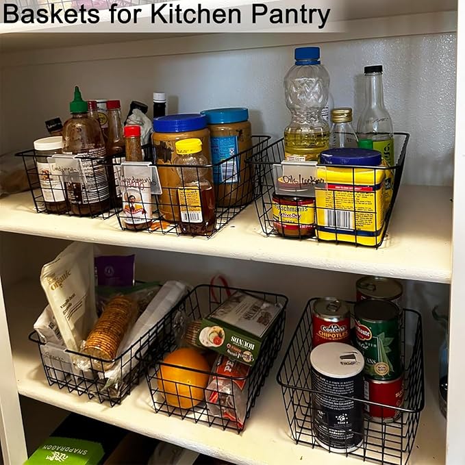 Wire Baskets for Organizing, 4 Pack Household Pantry Basket Black Metal Storage Bins Wire Storage Baskets Metal Baskets for for Home Office Kitchen, Bathroom