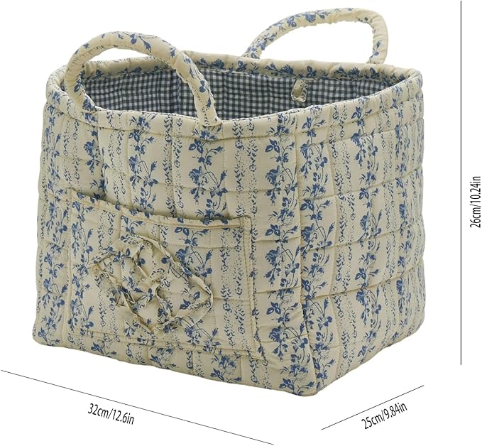 Quilted Fabric Storage Basket with Handles & Pocket, Foldable Laundry Hamper Boho Floral Print Organizer Bin for Home, Picnic, Office 12"x10"x10" (B-5)
