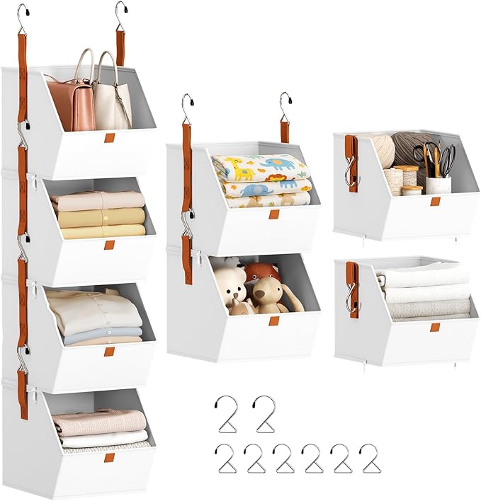 Hanging Closet Organizer 4 Tier - Clothes Hanging Shelves, Space-Saving Closet System, Fabric Storage Bins Bedroom Organization, Collapsible Baskets for Home, Dorm, Rv, White