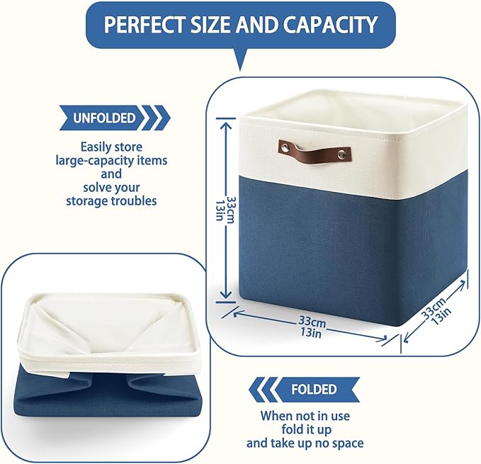 13 Inch Cube Storage Bins,Set of 4, Foldable Storage Basket with PU Handles for Organizing Home, Closet, Laundry, Office, Organizers for Shelves(White/Blue)