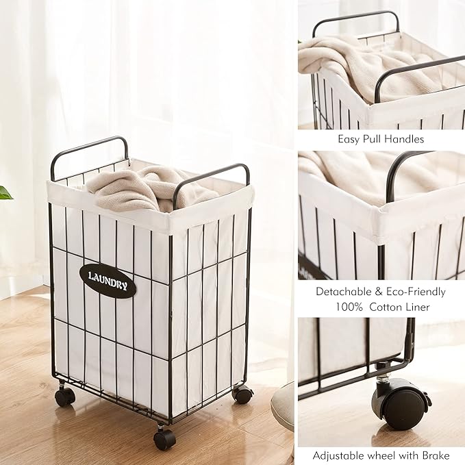 Mxfurhawa Iron Wire Laundry Hamper With Rolling Lockable Wheels, Folding Laundry Storage Basket with Handles,Detachable Liner Collapsible Dirty Laundry Cart Sorter Clothes Basket Organizer (23.6 inch)