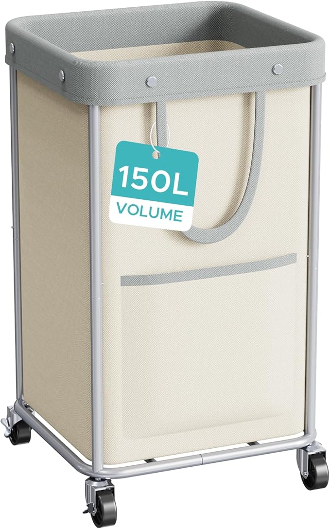 JYPS Laundry Basket With Wheels, 150L Large Rolling Hamper W/Metal Frame & Removable Bag, Waterproof Oxford Fabric, 2 Side Bags, Dirty Clothes Storage Cart For Laundry Room, Dorm, Bedroom, Bathroom