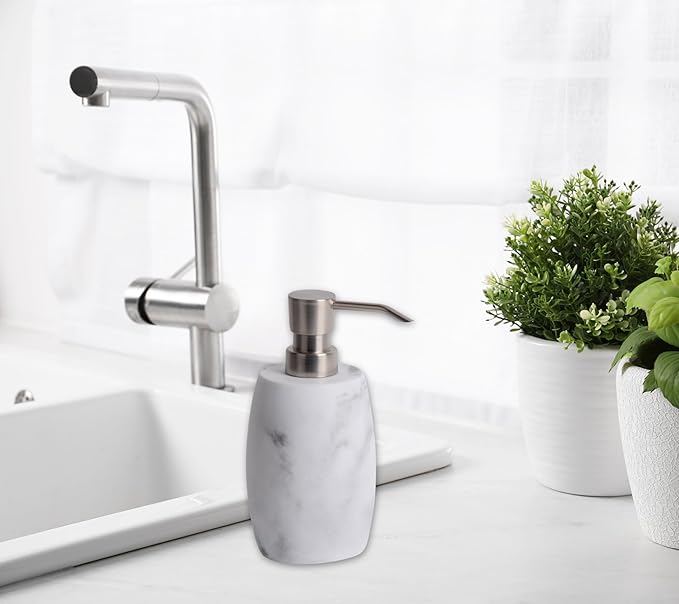 Resin Hand Soap Dispenser, Refillable Soap Dispenser with White Marble Look and Metallic Pump, Waterproof Bottle Labels for Bathroom Kitchen Dish Hand Wash Shower Lotion Shampoo (12 Oz)