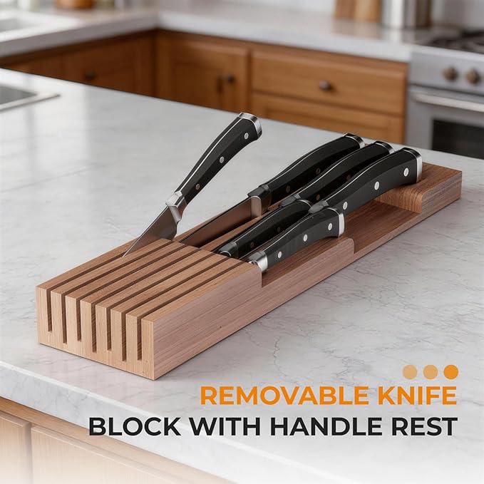 Small-Bamboo-Silverware-Drawer-Organizer, Expandable Utensil Kitchen Cutlery Tray Flatware Organization Wood Tableware Dividers Storage (with Removable Knife Block)(Brown)