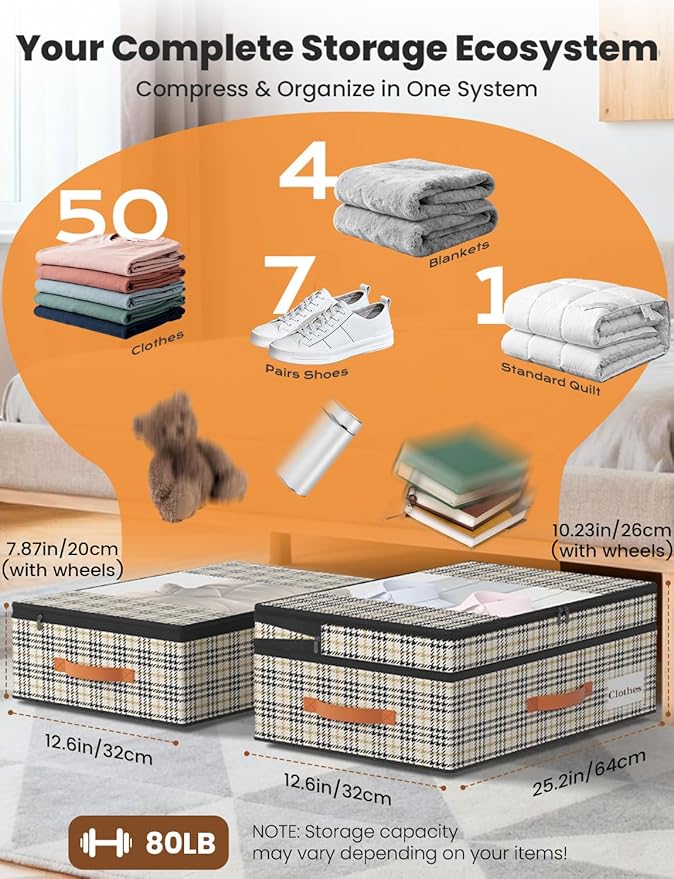 2-Pack Under Bed Storage with Wheels and 6 Vacuum Seal Bags, Adjustable Height 7.9"-10.2",63L Clear Lid Expandable Organizer for Bedding Blankets Clothes Shoes Toys, Space Saving Quick Assembly