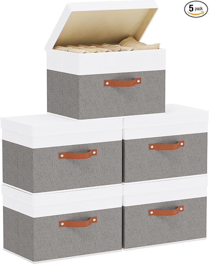 YheenLf Storage Bins with Lids, Storage Baskets, 17.7 x 11.8 x 11.8 Inch Collapsible Boxes with Handles for Shelves Bedroom, White and Grey, 5-Pack