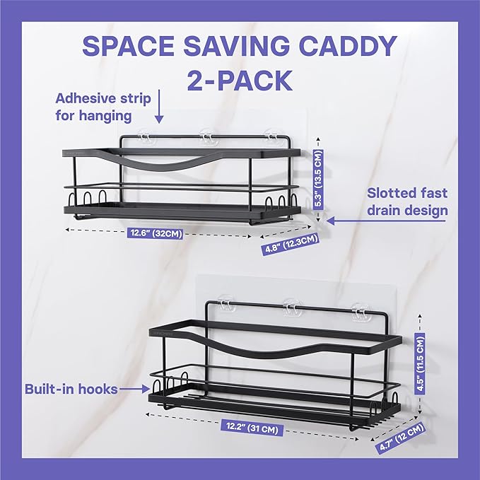KINCMAX Iron Shower Caddies - Self Adhesive Bathroom Shelves for Showers - Wall Organizer Shampoo Holder Shelf - Peel and Stick On Caddy Bath Tub Rack - Pack of 2 Holders - Black