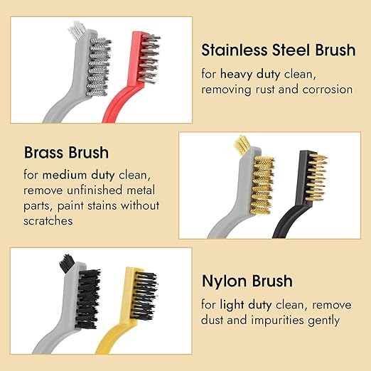 6 Pieces Wire Brushes Set, Small Metal Brass Brush, Stainless Steel Brush, Nylon Brushes for Cleaning Metal Rust and Paint Removal (Grey+3 Mixed Color, L)