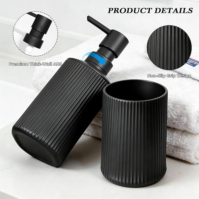 Bathroom Set Accessories, Black Soap Dispenser and Toothbrush Holder Complete 2 Piece Plastic Hand Dish Soap Counter Set for Modern Decor