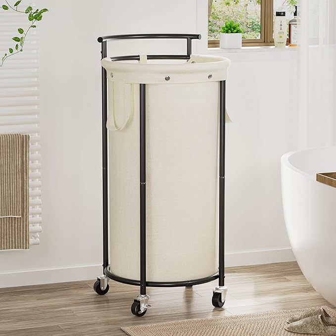 Chrislley 110L Laundry Hamper with Wheels,Rolling Laundry Basket with Removable Bag,Round Iron Laundry Cart with Steel Frame and Handle,Dirty Clothes Hamper Organizer for Dorm,Laundry Room(Beige)
