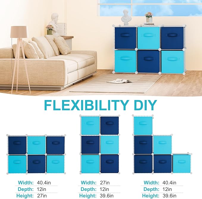 Leinuosen 6 Cube Storage Organizer with Fabric Bins, Wire Grid Stackable Shelves, Drawer Closet Organizer, Modular Storage Units for Bedroom Living Room Office Clothes Toys Crafts(White,Blue)