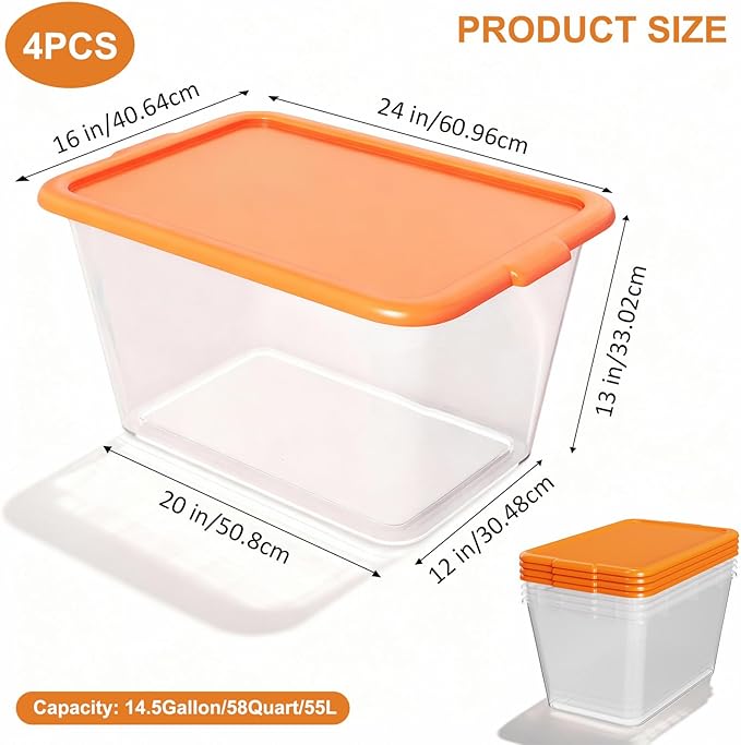 Storage Totes with Lids - Made in USA 14.5-Gallon (58-Quart) 4-Pack Orange Storage Bins with Lids Plastic Storage Containers Large Storage Boxes for Organizer Orange/Clear