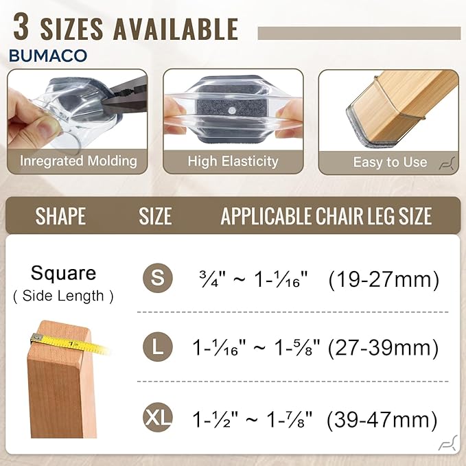 BUMACO Chair Leg Floor Protectors Square Chair Leg Protectors for Hardwood Floors Silicone Pads Covers to Protect Floors Clear-20 Pcs Square S (3/4" to 1")
