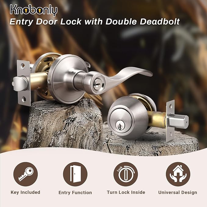 Knobonly 1 Set Entry Door Lever and Deadbolt Lock Set, Deadbolts Keyed Both Sides, All Keyed Same, Wave Style Front and Exterior Door Handleset with Double Cylinder, Satin Nickel Finish