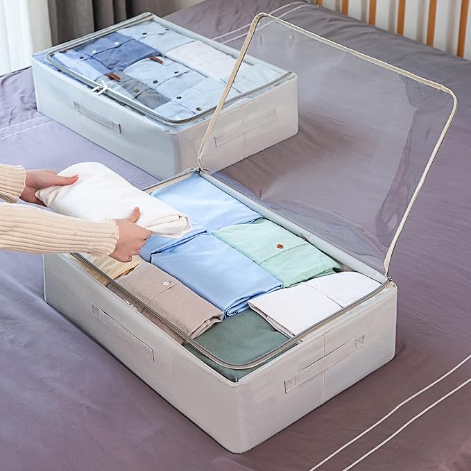 CYhom Under Bed Storage Bins Frame Storage Box Oxford Fabric Sturdy Underbed Container Foldable Stackable Large Capacity Clothes Organizer