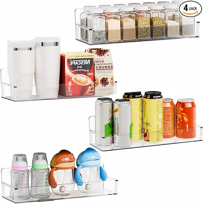 Yieach 4 Pack Acrylic Spice Shelf and Hanging Spice Rack Wall Mount with Adhesive for Inside Cabinets Door,Pantry Door,Kitchen and Rv,Narrow Stick on Spice Organization for Seasoning,Jar,Can Shelf