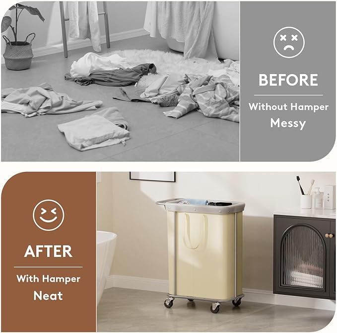 Lifewit 150L Large Laundry Basket with Wheels, Tall 2 Section Laundry Hamper Organizer, Rolling Laundry Cart with Steel Frame & Removable Bag for Luandry Room Bathroom Bedroom, White