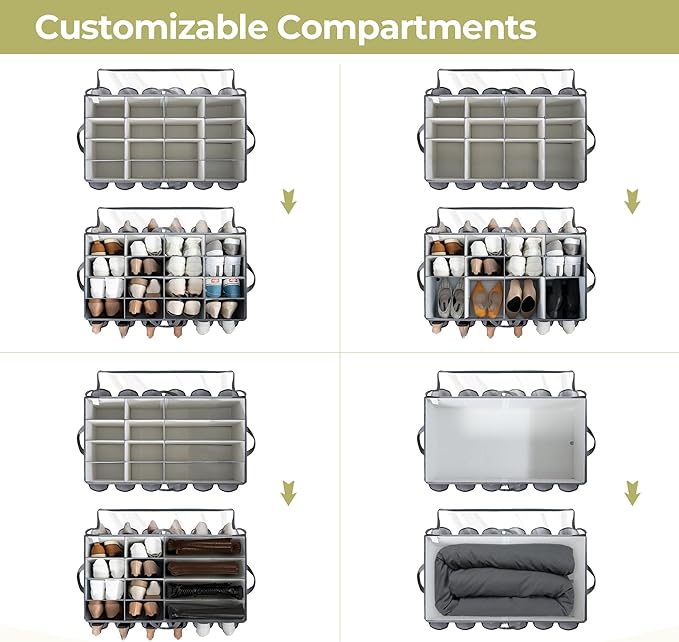 Shoe Organizer for Closet, Shoe Storage Solution with Clear Cover & Adjustable Dividers, Fabric Shoe Box Fits 16 +12 Pairs Shoes, Grey, 2-Pack