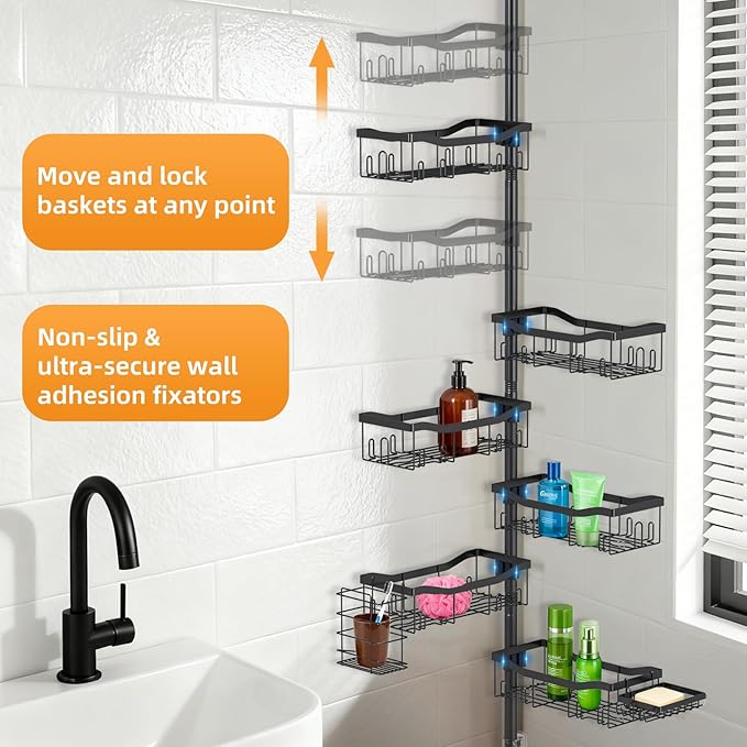Shower Caddy Corner, 6 Tier Tension Pole Rod Bathroom Organizer Shelves, Adjustable Bathtub Shampoo Stand Rack with Towel Rack 2 Holders for Inside Shower Storage, Floor to Ceiling 47-122 Inch, Black