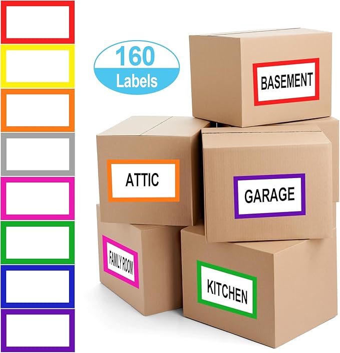 6 x 4 inch Large Moving Labels for Boxes, Blank Moving Boxes Labels Stickers, 160pcs 8 Color Coded Moving Stickers Packing Labels Stickers for Home Organization Projects, Kitchen, Storage Bins
