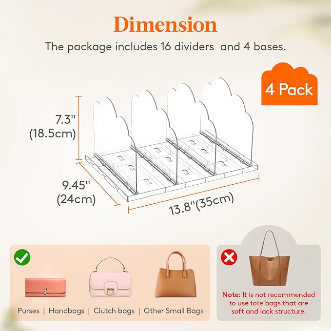 Lifewit Purse Organizer for Closet, Clear Handbags Storage Organizer, Adjustable Clutch Purse Storage Organizer Holder for Closet, 4 Pack Bookshelf Dividers for Sweater in Bedroom 35 x 24 cm/14 x 9.5