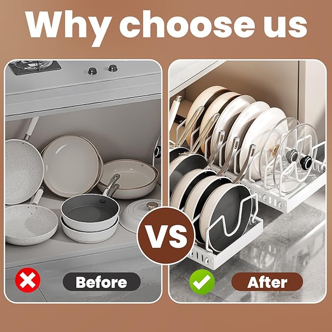 2 Pcs Pots and Pans Organizer Under Cabinet - Expandable Pull Out Cabinet Organizer for Pots and Pans, Pan and Lid Organizers Inside Cabinet, Adjustable Storage Rack (WHITE)