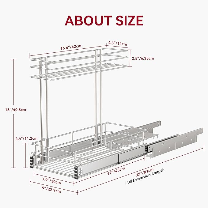 STORKING Under Sink Organizer 9" W X17 D, Pull Out Cabinet Organizer 2 Tier, Under Sink Slide Out Chrome Plated, Under Kitchen Bathroom Sink Organizer, Pantry Cabinet Closet Organization Rack, 2 Pack