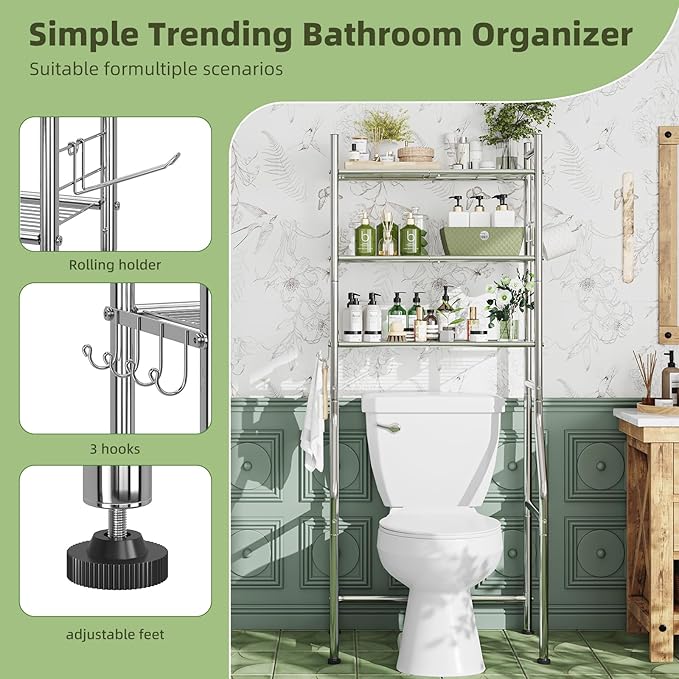 Simple Trending 3 Tier Over The Toilet Rack, Bathroom Shelves with 4 Hooks and Paper Holder, Bathroom Stand Organizer Space Saver, Chrome