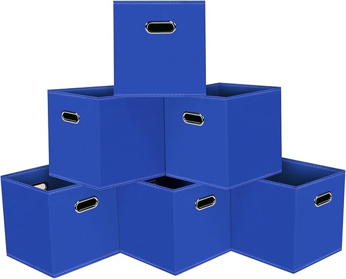 Black Foldable Storage Cubes Bins, Fabric Storage Box Cubes Organizer Baskets with Dual Handles for Home Organizer,Set of 6,(Dark Blue)